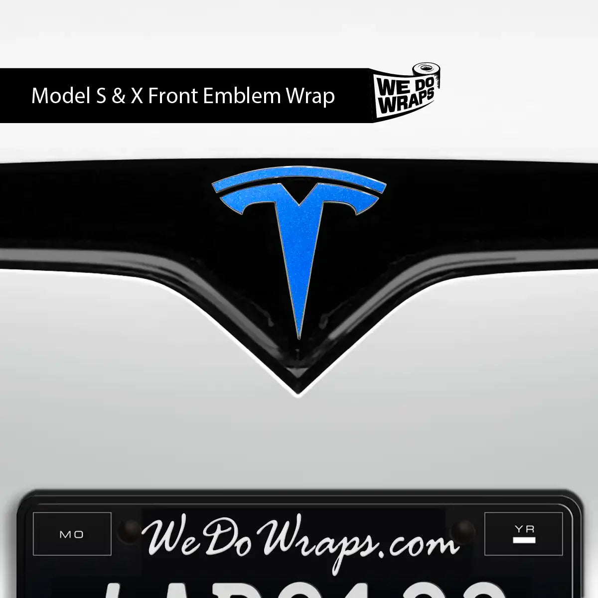 Tesla Emblems Model X decals in 3M Gloss Fire Blue, featuring front and back decal designs for Tesla Model X.