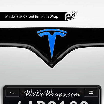 Tesla Emblems Model X decals in 3M Gloss Fire Blue, featuring front and back decal designs for Tesla Model X.