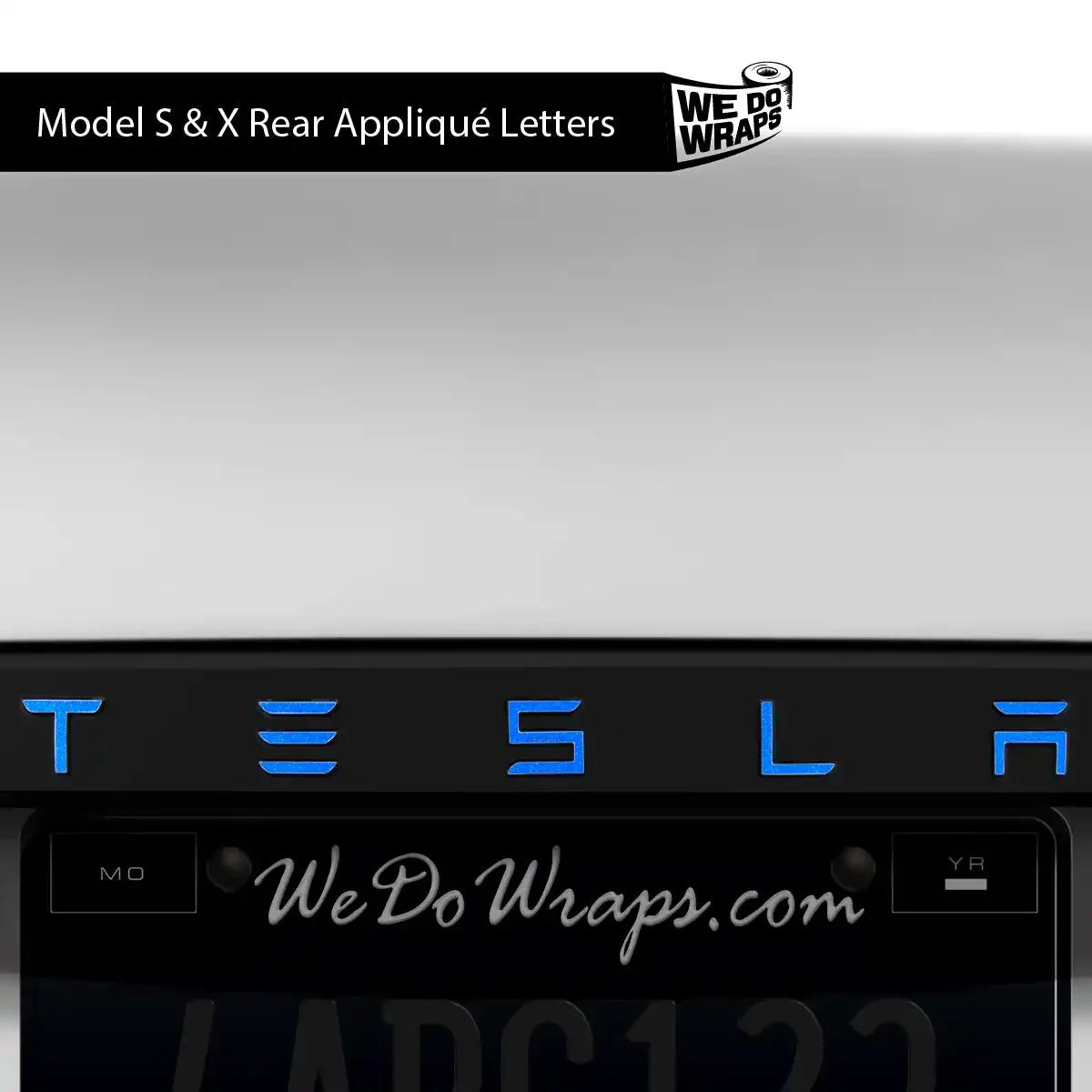 Tesla Model X 3M Gloss Fire Blue emblem decals for front and back, featuring Tesla Emblems branding.