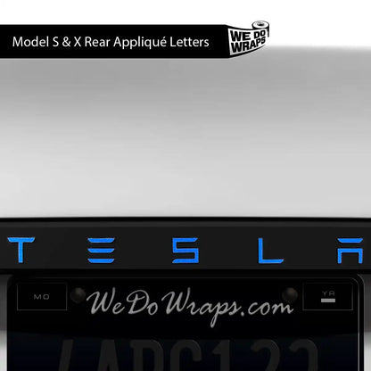 Tesla Model X 3M Gloss Fire Blue emblem decals for front and back, featuring Tesla Emblems branding.