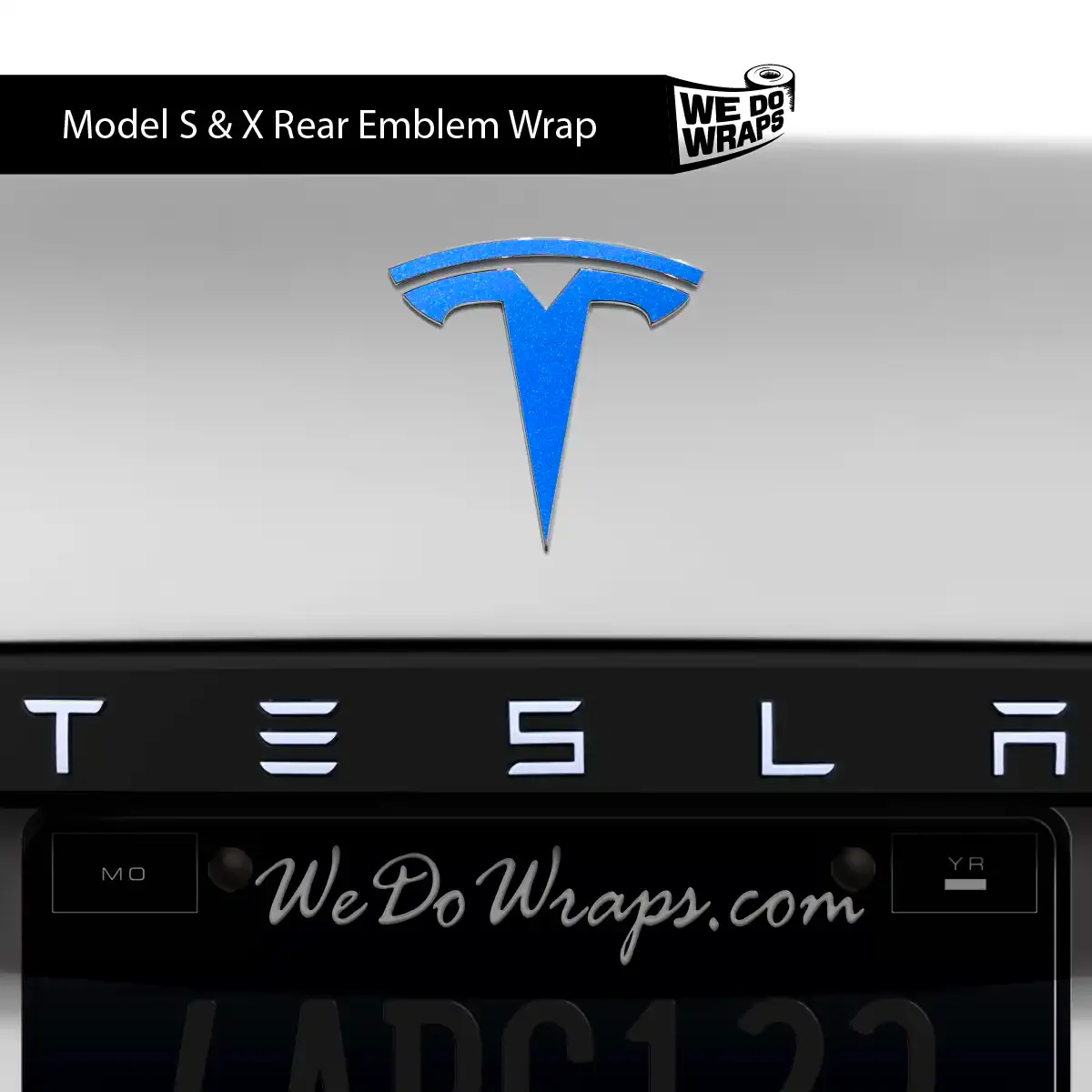 Tesla Emblems 3M Gloss Fire Blue Decals for Model X, front and back, featuring vibrant blue fire design on vehicle badges.