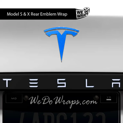 Tesla Emblems 3M Gloss Fire Blue Decals for Model X, front and back, featuring vibrant blue fire design on vehicle badges.