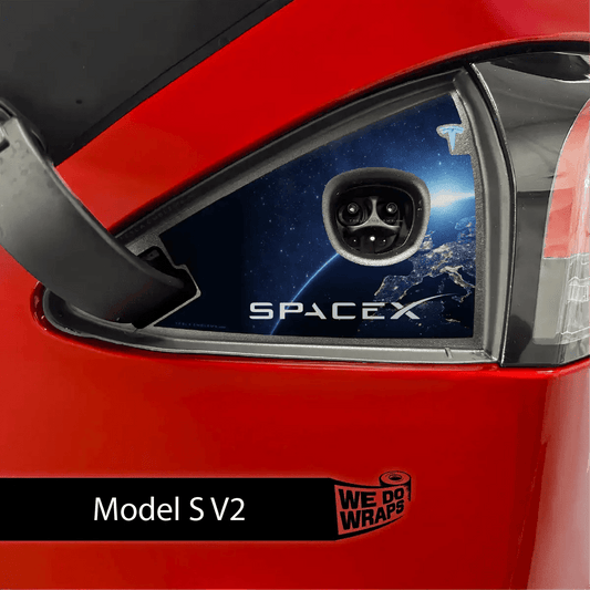 Tesla Model S SpaceX Tesla Charge Port Wrap decal by Tesla Emblems, featuring SpaceX logo on the charge port area.