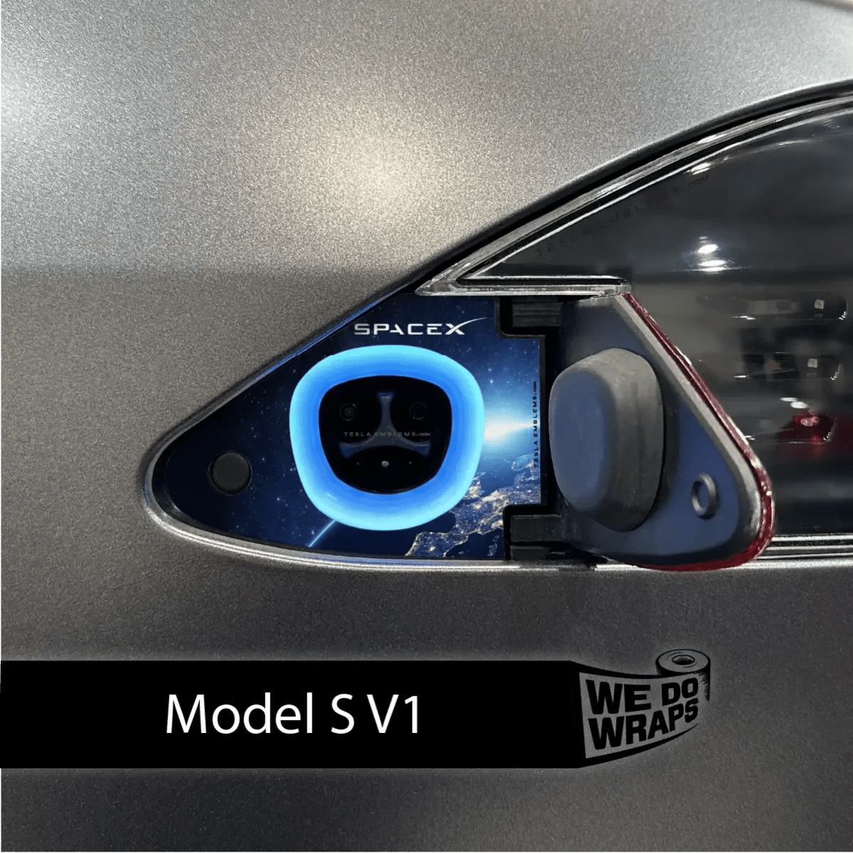 Tesla Model S SpaceX Tesla charge port wrap decal by Tesla Emblems, featuring SpaceX logo on a sleek car charge port.
