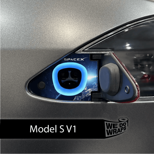 Tesla Model S SpaceX Tesla charge port wrap decal by Tesla Emblems, featuring SpaceX logo on a sleek car charge port.