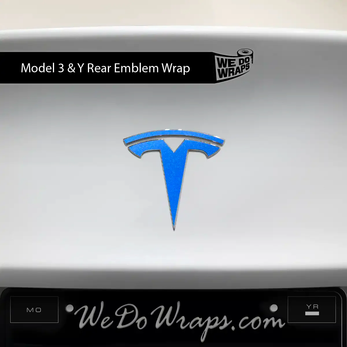 Tesla Model Y with 3M Gloss Fire Blue Tesla emblem decals on front and rear, featuring sleek blue emblems for a custom look.