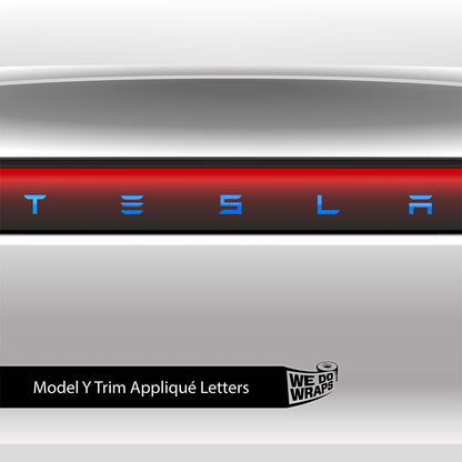 Tesla Model Y 3M Gloss Fire Blue front and rear emblem decals, branded Tesla Emblems for vehicle customization.