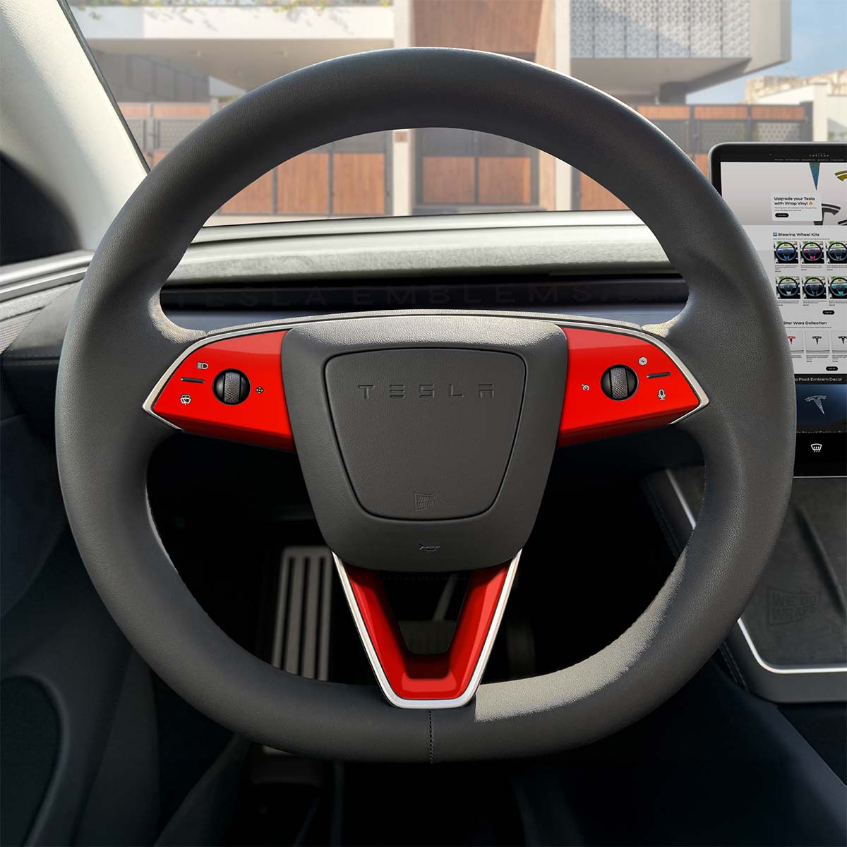 Set of three 3M Gloss Hot Rod Red Tesla steering wheel trim decals for MY 2026+ refresh models, made by Tesla Emblems.