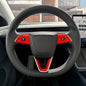 Set of three 3M Gloss Hot Rod Red Tesla steering wheel trim decals for MY 2026+ refresh models, made by Tesla Emblems.