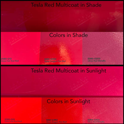 Tesla Emblems 3M Gloss Hot Rod Red steering wheel trim decal kit for Tesla MY 2026+ refresh, includes three high-quality decals.