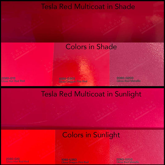Tesla Emblems 3M Gloss Hot Rod Red steering wheel trim decal kit for Tesla MY 2026+ refresh, includes three high-quality decals.
