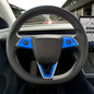 Tesla Model 3 steering wheel trim decal kit in gloss fire blue from 3M, includes three decals for Tesla Emblems.