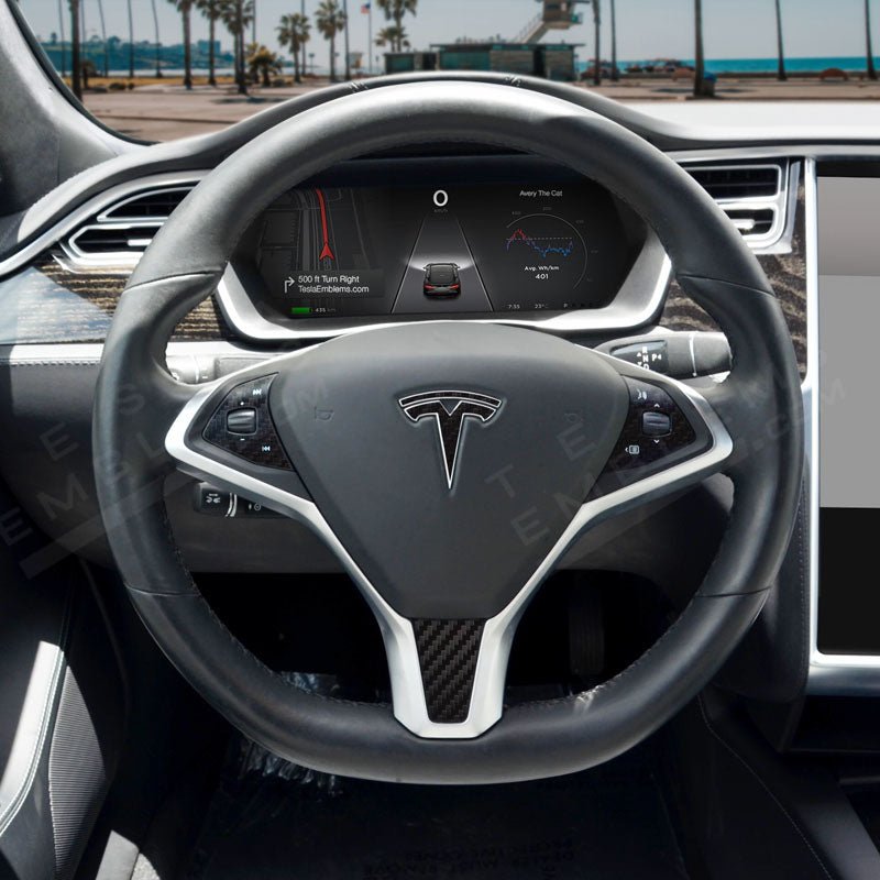 Tesla Model X 3M Carbon Fiber steering wheel wrap decals by Tesla Emblems, set of four for a sleek interior upgrade.