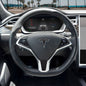 Tesla Model X 3M Carbon Fiber steering wheel wrap decals by Tesla Emblems, set of four for a sleek interior upgrade.