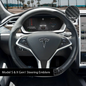 Tesla Emblems 3M Carbon Fiber steering wheel wrap decals for Tesla Model X, four-piece full trim kit with realistic carbon fiber texture.