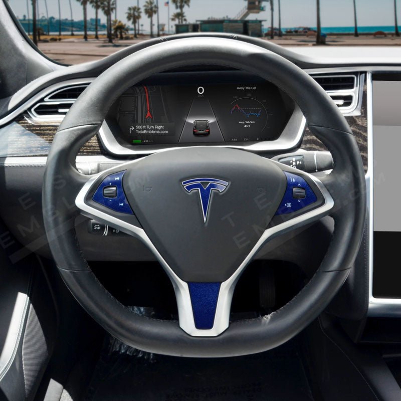 Set of four 3M Deep Blue Metallic Tesla steering wheel wrap decals for Model X, featuring sleek metallic finish and precise fit.