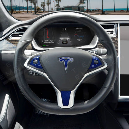 Set of four 3M Deep Blue Metallic Tesla steering wheel wrap decals for Model X, featuring sleek metallic finish and precise fit.