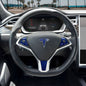 Set of four 3M Deep Blue Metallic Tesla steering wheel wrap decals for Model X, featuring sleek metallic finish and precise fit.