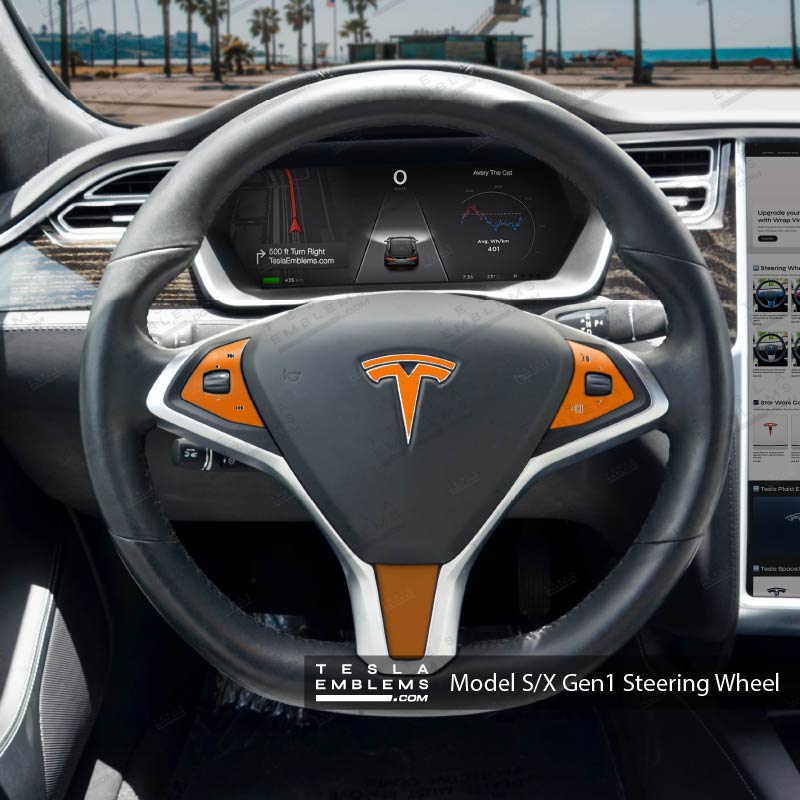 Tesla Model X steering wheel wrap decals in glossy deep orange from 3M, designed for a sleek, custom look.