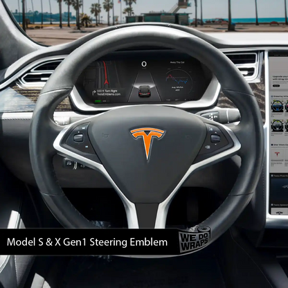 Tesla Model X steering wheel wrap with 3M gloss deep orange decal kit by Tesla Emblems, featuring four full-trim decals.