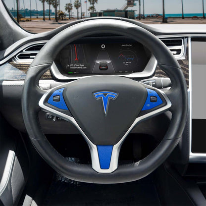 Tesla Model X steering wheel wrap with 3M Gloss Fire Blue decal set from Tesla Emblems, featuring four full trim decals.