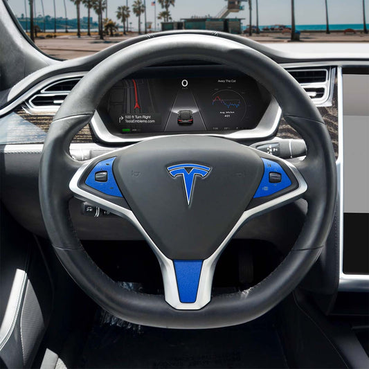 Tesla Model X steering wheel wrap with 3M Gloss Fire Blue decal set from Tesla Emblems, featuring four full trim decals.