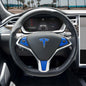 Tesla Model X steering wheel wrap with 3M Gloss Fire Blue decal set from Tesla Emblems, featuring four full trim decals.