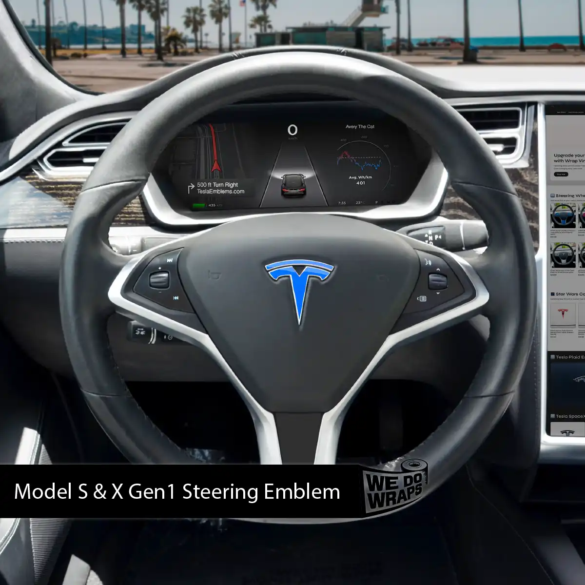 Set of four Tesla Emblems 3M Gloss Fire Blue steering wheel wraps for Model X, designed as decals for a sleek interior look.
