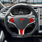 Tesla Model X steering wheel wrap in 3M Gloss Hot Rod Red decal by Tesla Emblems, full trim kit with four pieces.