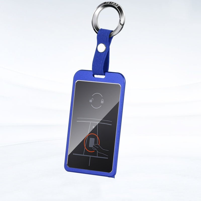 Tesla Model 3/Y aluminum key card cover in six colors, featuring a round button design for secure key storage.