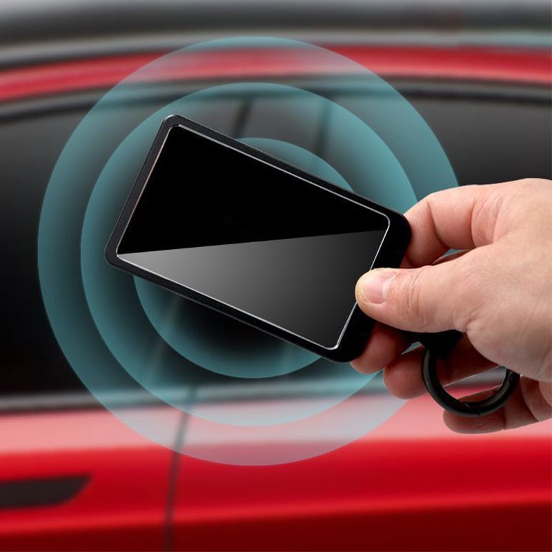 Tesla Model 3/Y aluminum key card case with round button, available in six colors, designed for key protection and style.