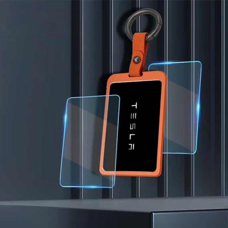 Tesla Model 3/Y aluminum key card cover in six colors with a round button design, offers stylish protection for key cards.