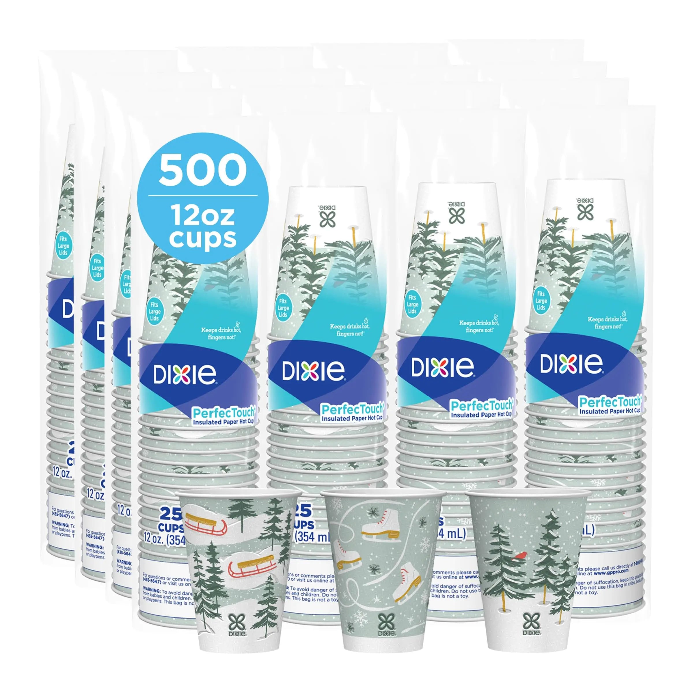 Dixie PerfecTouch (5342DX94) 12 oz Insulated Paper Hot Coffee Cups Limited Edition Holiday Cups in Winter Fun Designs 500 Count (20 Packs of 25 Cups)