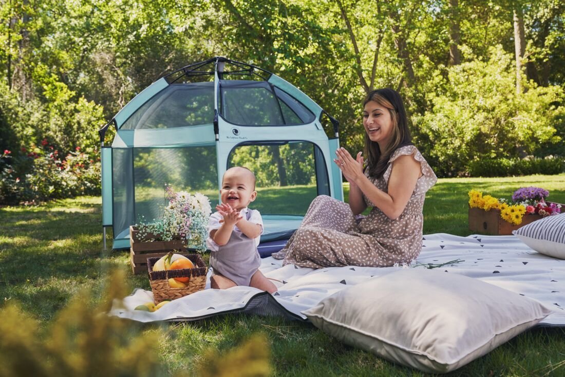Pop 'N Go® Playpen in cosmic gray by The California Beach Company LLC, showing a portable playpen with mesh sides and sturdy frame.
