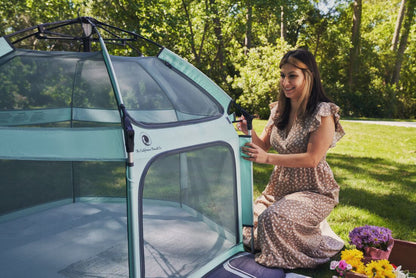 Pop 'N Go Playpen in cosmic gray by The California Beach Company LLC, shown set up for child play and safety.