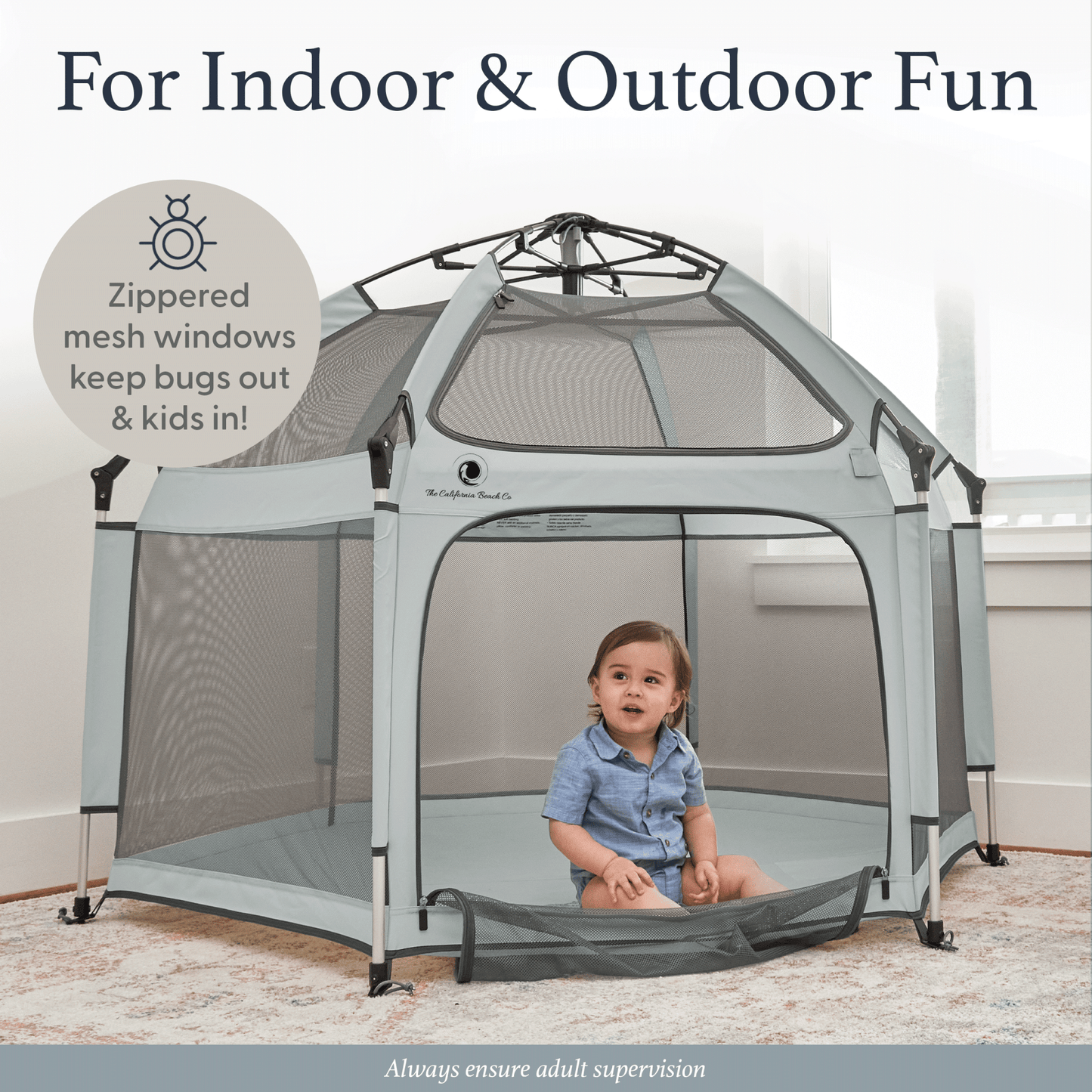Pop 'N Go Playpen in cosmic gray by The California Beach Company LLC, showing its foldable, portable design for babies and toddlers.