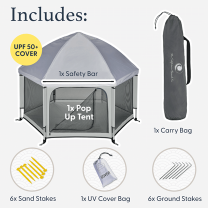 Pop 'N Go Playpen in cosmic gray by The California Beach Company LLC, showing a portable, foldable playpen for babies and toddlers.