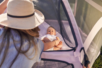 Pop 'N Go Playpen by The California Beach Company LLC in cosmic gray, showing the portable playpen set up for children.