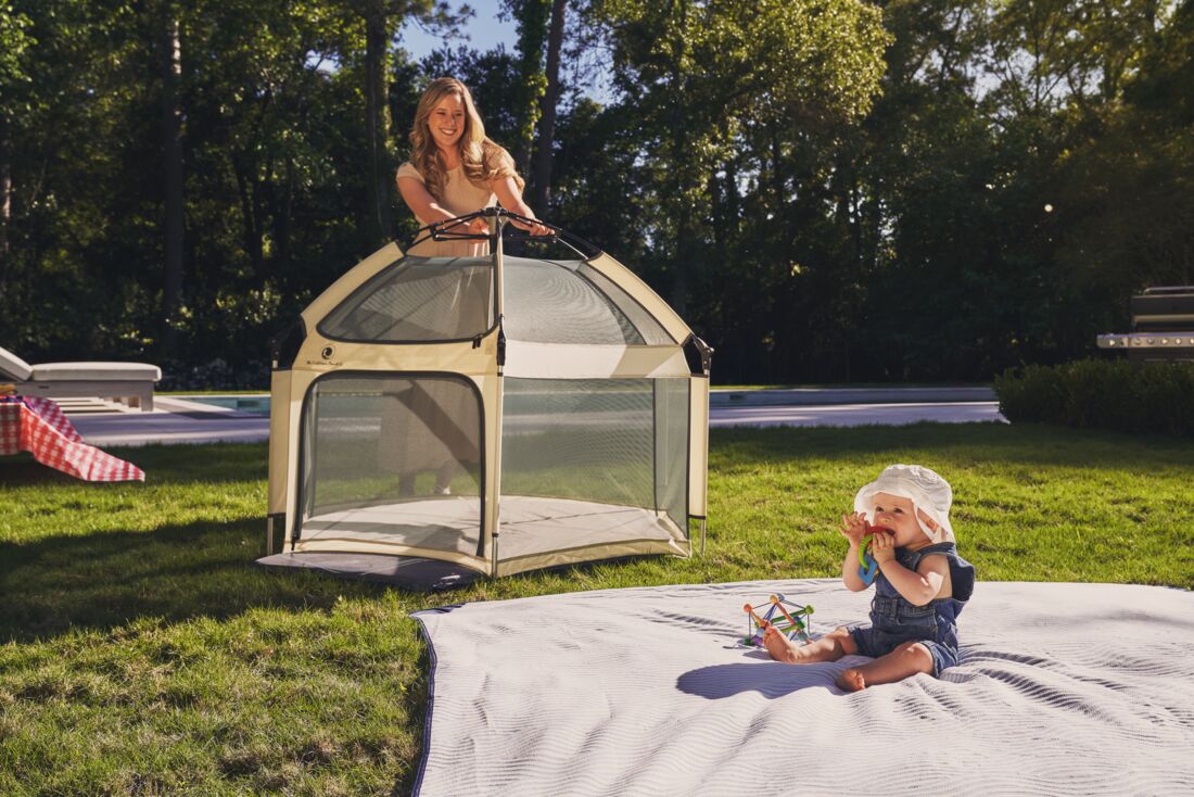 Pop 'N Go Playpen in cosmic gray by The California Beach Company LLC, portable fabric playpen with mesh sides for easy visibility