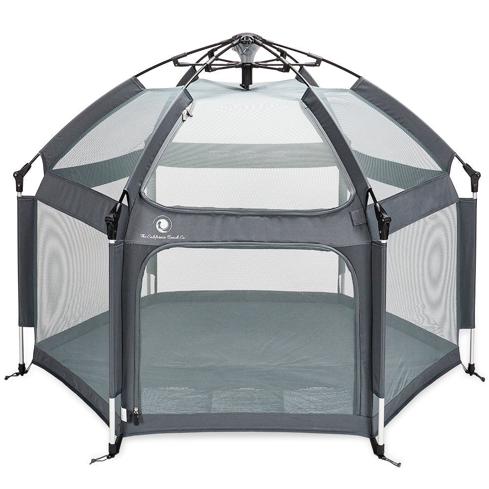 Pop 'N Go Playpen by The California Beach Company LLC in cosmic gray, showing lightweight fabric and portable design for babies.