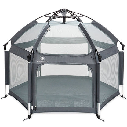 Pop 'N Go Playpen by The California Beach Company LLC in cosmic gray, showing lightweight fabric and portable design for babies.