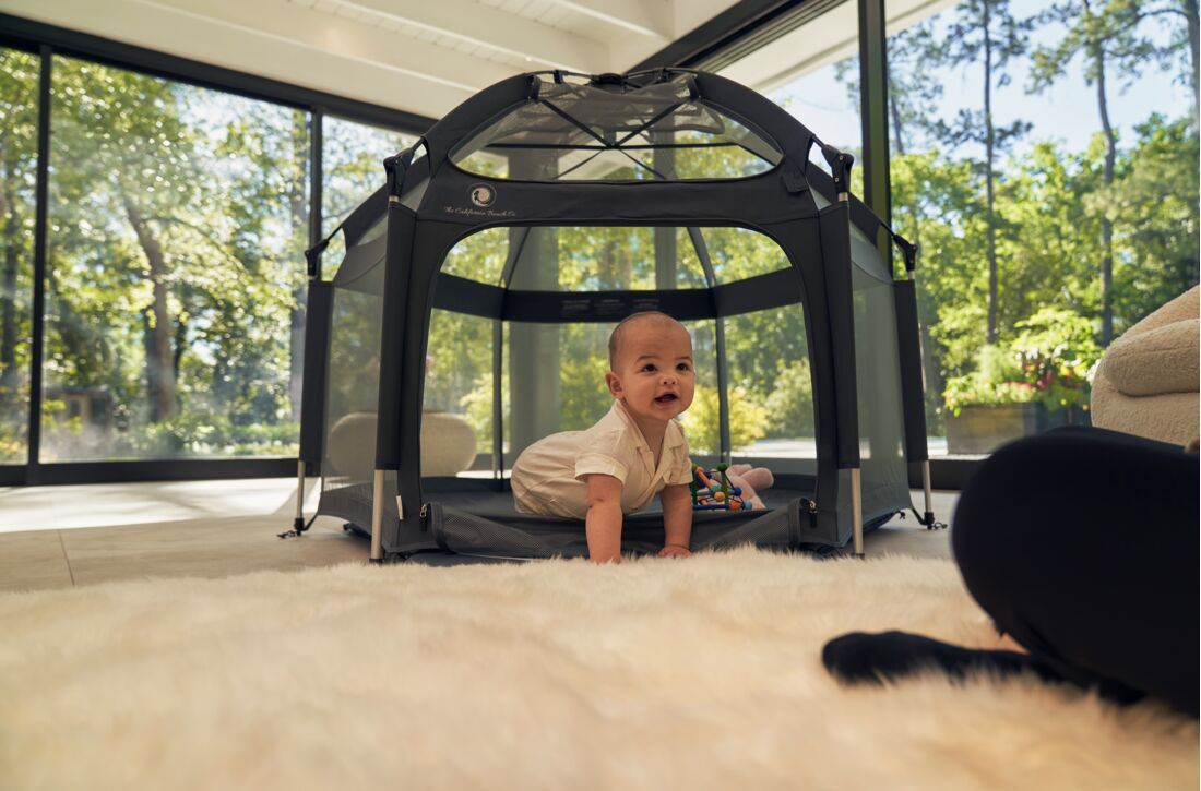 Pop 'N Go Playpen in cosmic gray by The California Beach Company LLC, portable playpen with mesh sides for easy visibility.