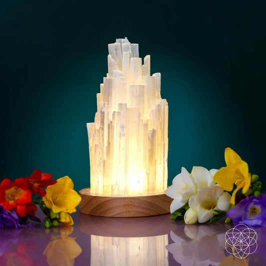 Selenite lamp by Conscious Items, 2-pound healing night light with natural crystalline structure and smooth polished surface.