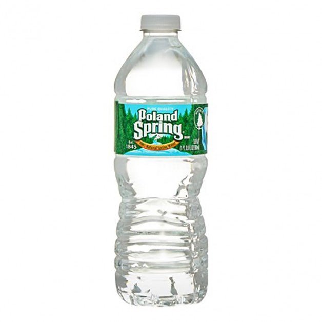 Poland Springs 500ml bottled water, a clear plastic bottle with blue label, on a festive holiday-themed background.