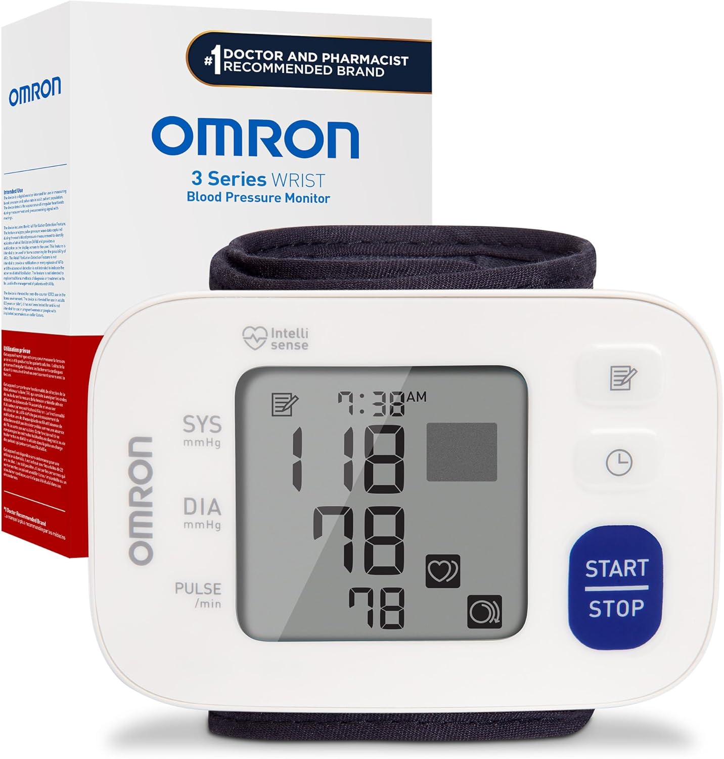 Omron 3 Series Wrist Blood Pressure Monitor BP6100 showing the device with cuff on a wrist, digital display visible.