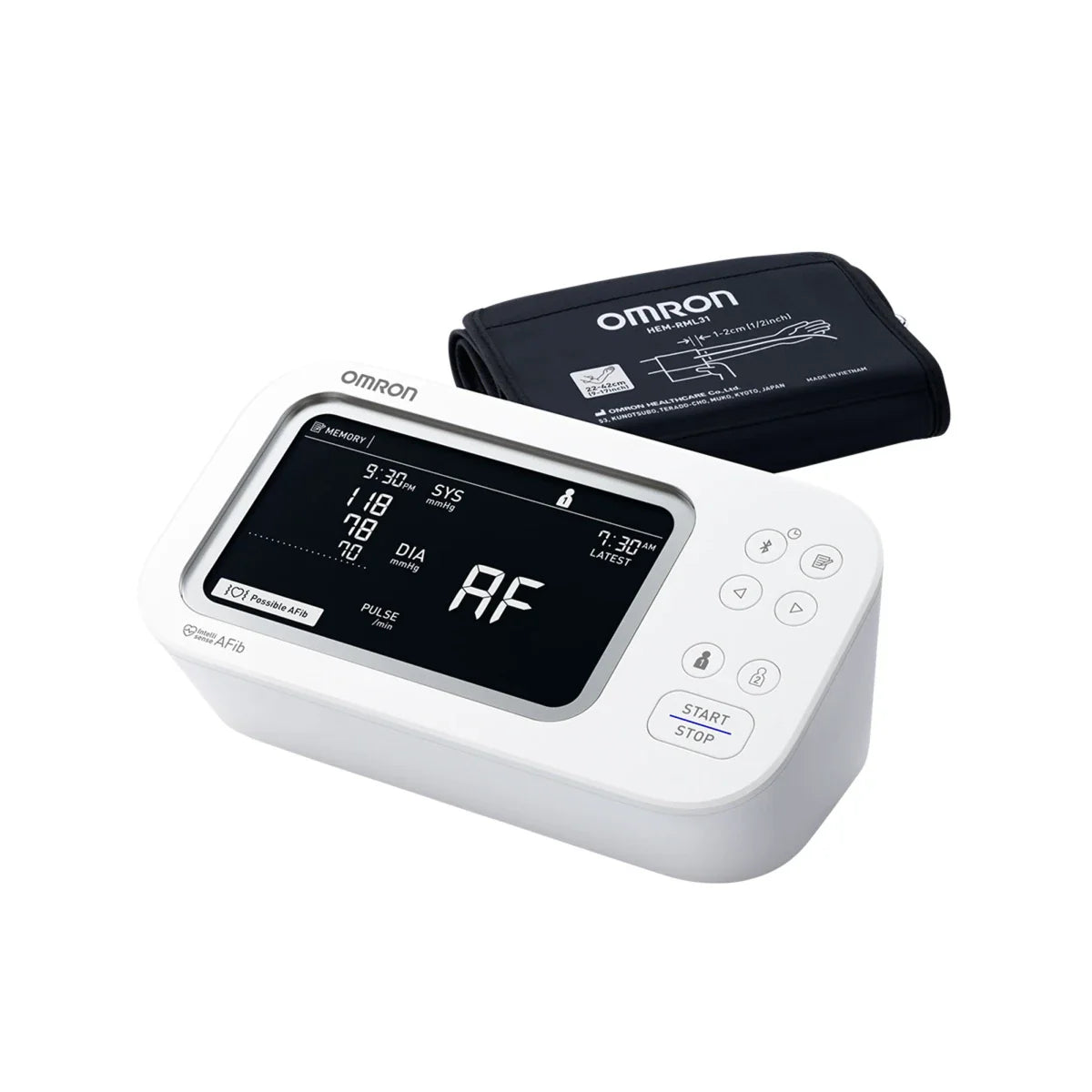 Omron Platinum upper arm blood pressure monitor with AFib detection and Bluetooth connectivity, showing the device on a white background.