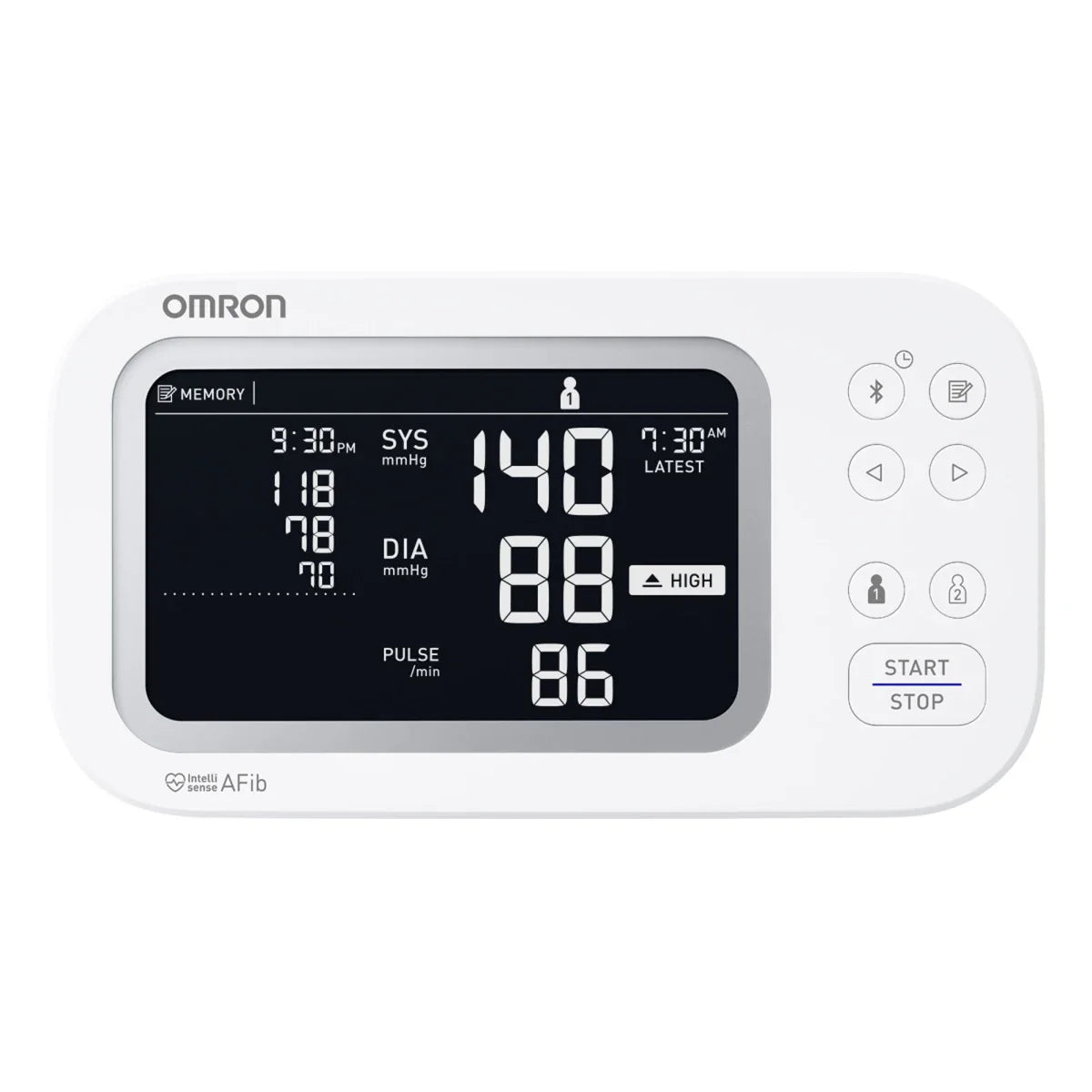 Omron Platinum upper arm blood pressure monitor with AFib detection and Bluetooth connectivity, displayed on a white background.