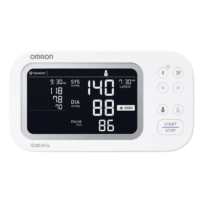 Omron Platinum upper arm blood pressure monitor with AFib detection and Bluetooth connectivity, displayed on a white background.