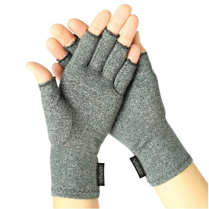 Gray open finger arthritis compression gloves from The Digital Health Store, designed for support and enhanced finger mobility.
