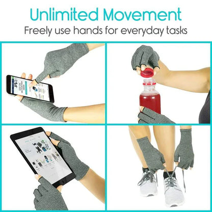 Open finger arthritis compression gloves in grey by The Digital Health Store, designed to provide support and relief.